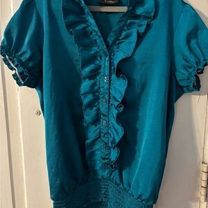 Bwear Teal Ruffle-Trim Button-Front Blouse